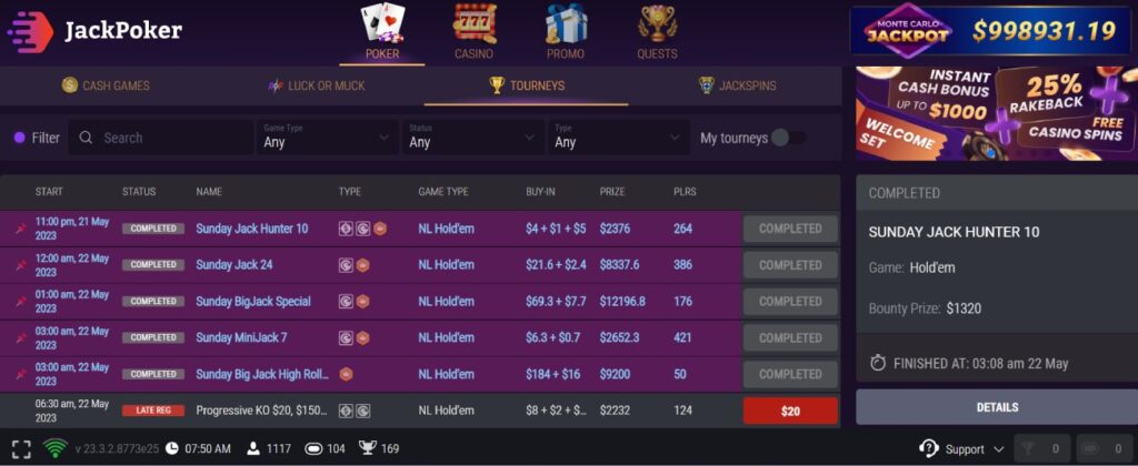 JackPoker turnausaula Sunnuntai/Maanantai