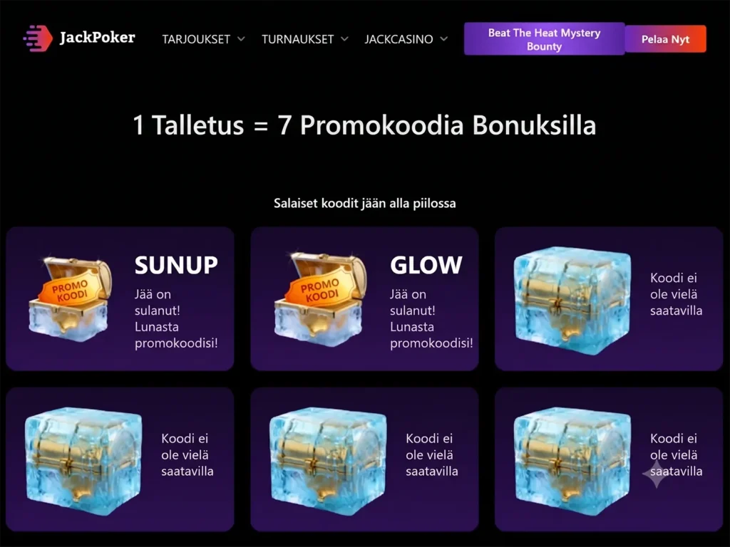 JackPocketin Summer Melt -kampanja koostuu kahdesta seitsemän päivän jaksosta: 20.–26.7. ja 27.7.–2.8.2026. Kullakin viikolla pelaaja tekee vähintään 25 $ talletuksen ja saa seitsemän promokoodia – yhden per päivä.
