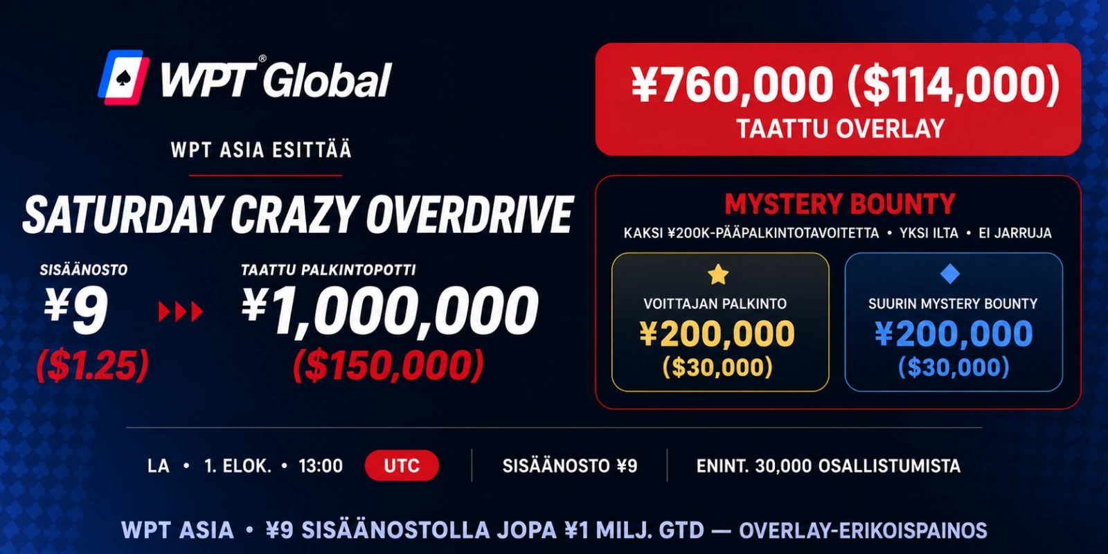 Overlay on taattu: Älä missaa WPT Globalin Saturday Crazy Overdrive -turnausta!
