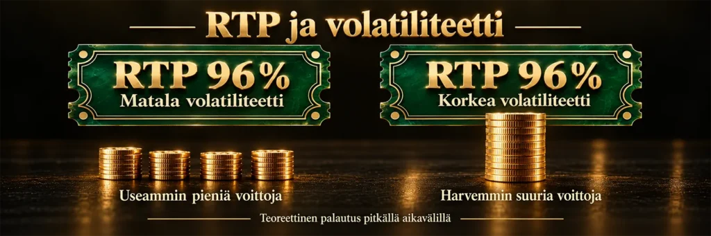 RTP kuvaa pitkän aikavälin palautusta, volatiliteetti voittojen jakautumista. Yhdessä ne antavat paremman kuvan pelin matematiikasta.