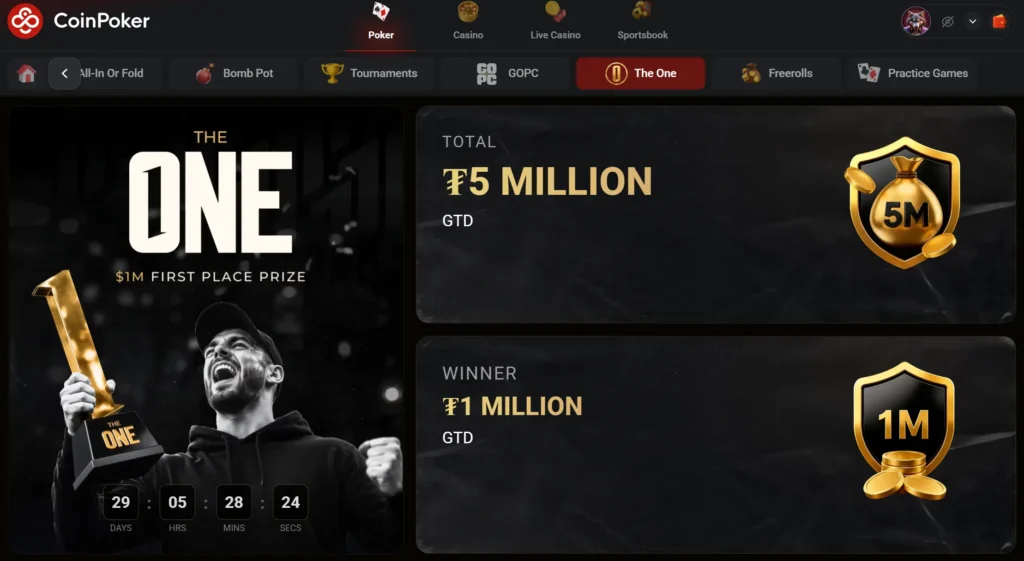 CoinPoker loi The One -välilehden Millionaire Maker -turnausta varten.