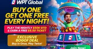 WPT Global käynnisti 1. lokakuuta 2-For-1 Tournament -kampanjan: toinen $5,50 osallistuminen ilmaiseksi $50 000 PKO -turnaukseen.
